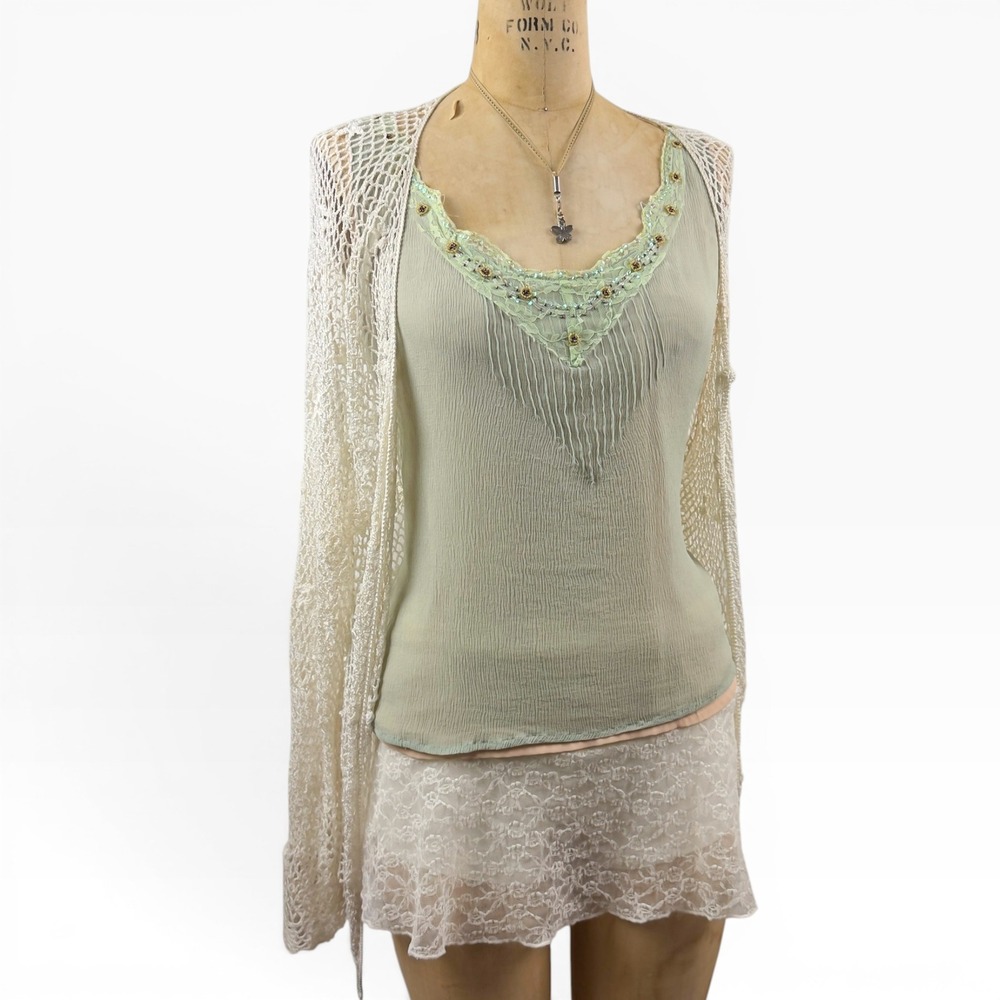 Y2K Sage Silk Tank Beaded Lace Trim Forest Fairy Romantic Crinkle Size L XL